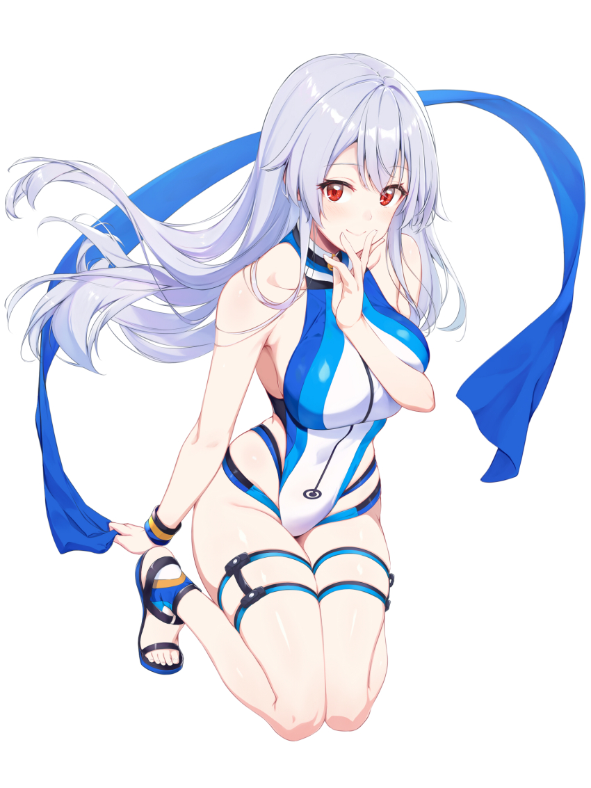1girl absurdres ass bare_shoulders blue_one-piece_swimsuit blush breasts fate/grand_order fate_(series) highleg highleg_one-piece_swimsuit highres large_breasts long_hair looking_at_viewer one-piece_swimsuit red_eyes smile solo swimsuit tohoho_(hoshinoyami) tomoe_gozen_(fate) tomoe_gozen_(swimsuit_saber)_(fate) tomoe_gozen_(swimsuit_saber)_(first_ascension)_(fate) white_hair white_one-piece_swimsuit