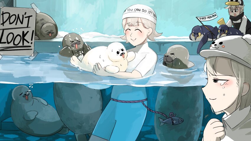 3girls absurdres aquarium bear_hat bird black_overalls black_scarf blush closed_eyes commentary diva_(hyxpk) donut_stamp duck english_commentary fish grey_hair hat highres king_penguin multiple_girls nervous_sweating overalls partially_submerged penguin penguin_keeper_(diva) polar_bear_keeper_(diva) scared scarf seal_(animal) seal_cub seal_keeper_(diva) shirt short_hair slice_of_life smile sweat swim_cap tears white_headwear white_shirt zoo zookeeper zookeepers_(diva)