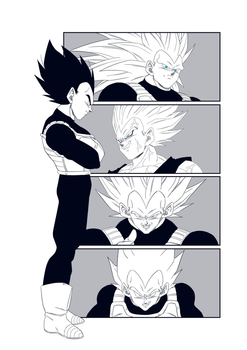 alternate_form bodysuit close-up crossed_arms dragon_ball dragon_ball_daima dragonball_z green_eyes greyscale highres long_hair majin_vegeta medium_hair monochrome multiple_views namihei_art no_eyebrows simple_background spiked_hair spot_color super_saiyan super_saiyan_1 super_saiyan_2 super_saiyan_3 super_saiyan_4 vegeta white_background