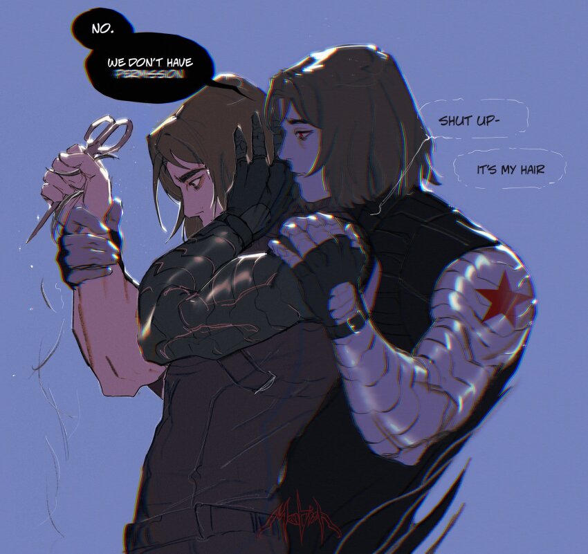 2boys black_bodysuit black_gloves black_shirt blue_background bodysuit brown_eyes brown_hair bucky_barnes commentary covered_mouth dual_persona english_commentary english_text fingerless_gloves gloves hand_on_another&#039;s_shoulder hand_on_own_head highres holding holding_another&#039;s_wrist holding_scissors looking_at_another looking_down male_focus marvel marvel_cinematic_universe mohishko multiple_boys prosthesis prosthetic_arm red_eyes scissors shirt short_hair simple_background speech_bubble star_(symbol) teeth upper_body winter_soldier