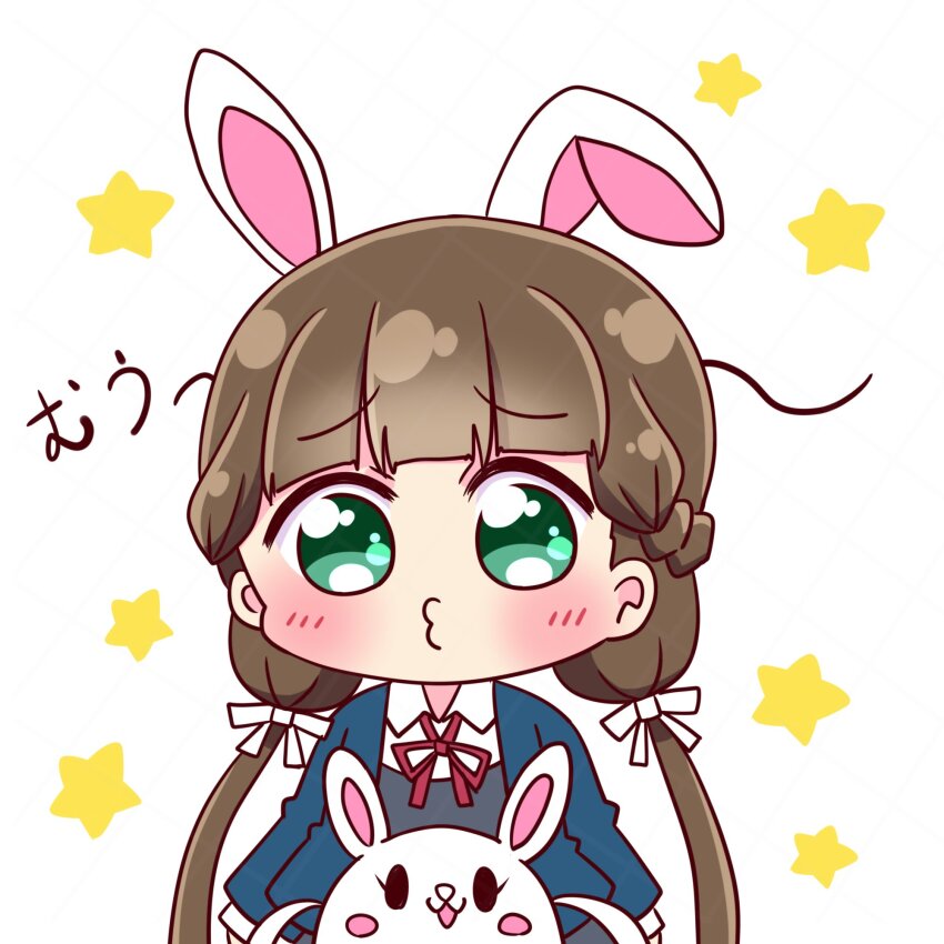 1girl animal_ears blue_jacket blunt_bangs blush braid brown_hair chibi chibi_only collared_shirt commentary dress dress_shirt green_eyes grey_dress hair_ribbon half_up_braid half_updo highres jacket kemonomimi_mode long_hair long_sleeves looking_at_viewer love_live! love_live!_superstar!! low_twintails neck_ribbon o3o open_clothes open_jacket puckered_lips rabbit rabbit_ears red_ribbon ribbon sakurakoji_kinako school_uniform shirt solo star_(symbol) star_symbol_background suppii twintails white_background white_ribbon white_shirt winter_uniform yuigaoka_school_uniform