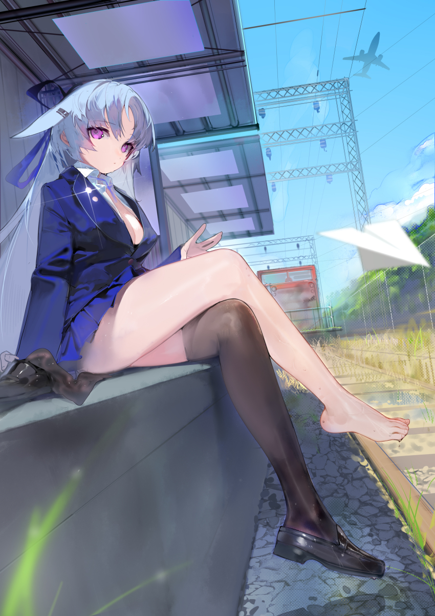 1girl absurdres aircraft airplane animal_ears black_shoes black_thighhighs blue_jacket blue_ribbon blurry blurry_foreground breasts cleavage closed_mouth cloud cloudy_sky collared_shirt crossed_legs day depth_of_field feet floppy_ears full_body grey_hair hair_ribbon hand_up highres jacket jet jet_airliner large_breasts legs lens_flare loafers long_hair long_sleeves looking_at_viewer miniskirt no_shoes original outdoors paper_airplane parted_bangs partially_unbuttoned pleated_skirt prossss purple_eyes railroad_tracks ribbon shirt shoes single_bare_leg skirt sky solo sweatdrop thighhighs thighs toenails toes train_station_platform unworn_shoes unworn_thighhighs white_shirt