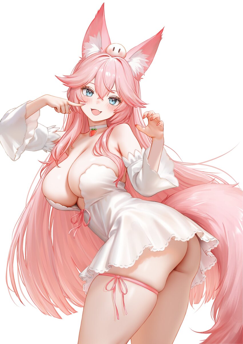 1girl :d absurdres animal_ear_fluff animal_ears armpit_crease ass blue_eyes blush breasts choker claw_pose cleavage cowboy_shot detached_sleeves dress fang finger_to_face fox_ears fox_girl fox_tail hair_flaps highres indie_virtual_youtuber large_breasts leg_ribbon long_hair looking_at_viewer mochiimochii_(vtuber) open_mouth pink_hair pink_nails pink_ribbon regiana_(jubi) ribbon second-party_source short_dress simple_background skin_fang skindentation sleeveless sleeveless_dress smile solo strapless strapless_dress tail thigh_ribbon very_long_hair virtual_youtuber white_background white_choker white_dress white_sleeves wide_sleeves