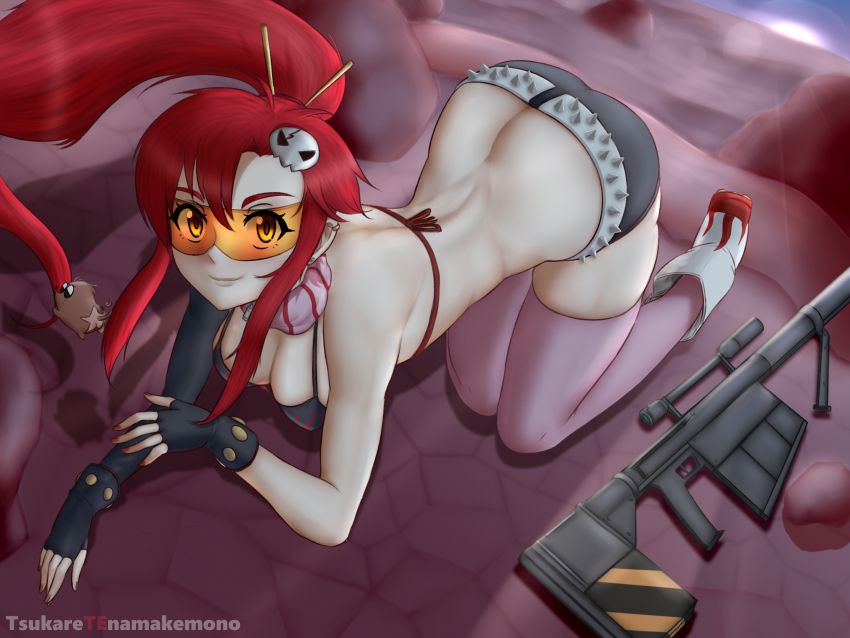 1girl absurdres all_fours anti-materiel_rifle ass asymmetrical_gloves belt bikini bikini_top_only black_gloves black_shorts boota_(ttgl) boots breasts butt_crack cleavage closed_mouth desert ear_piercing earrings elbow_gloves fingerless_gloves flame_print floating_hair full_body gloves goggles gun hair_ornament high_ponytail highres jewelry large_breasts long_hair looking_at_viewer mixed-language_commentary outdoors piercing pink_thighhighs ponytail red_hair red_nails rifle sand scarf short_shorts shorts sidelocks single_elbow_glove skull_hair_ornament smile sniper_rifle spiked_belt sunset swimsuit tengen_toppa_gurren_lagann thighhighs tsukare_(ttsukae) uneven_gloves very_long_hair weapon white_belt yellow_eyes yoko_littner