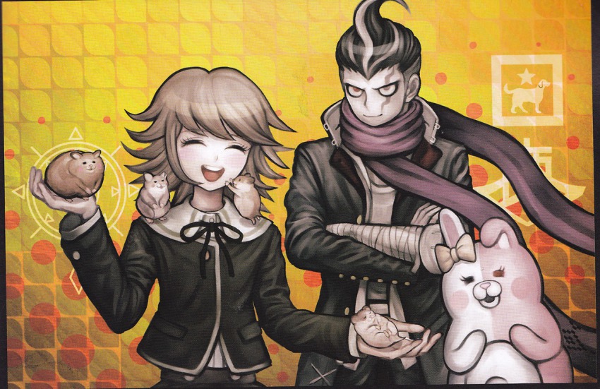 10s 2boys :d ^_^ animal bandages black_hair brown_hair cham-p chuunibyou closed_eyes danganronpa:_trigger_happy_havoc danganronpa_(series) danganronpa_2:_goodbye_despair closed_eyes fujisaki_chihiro hamster heterochromia jacket jum-p komatsuzaki_rui maga-g monomi monomi_(danganronpa) multicolored_hair multiple_boys official_art open_mouth scan scar scarf school_uniform short_hair smile sun-d tanaka_gundham tanaka_gundam trap