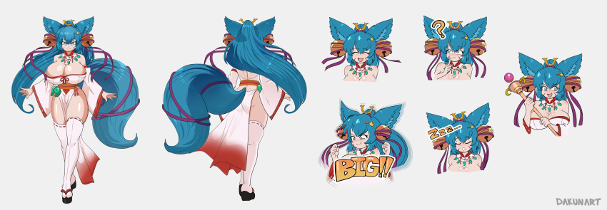 1girl ? absurdres animal_ears ass bell black_footwear blue_eyes blue_hair blush breasts cleavage closed_eyes dakunart detached_sleeves drooling facial_scar finger_to_mouth fox_ears fox_girl fox_tail from_behind hair_bell hair_ornament hair_ribbon hairclip highres holding holding_staff huge_breasts japanese_clothes jingle_bell kamithekitsune kimono long_hair long_sleeves looking_at_viewer looking_to_the_side magatama multiple_views obi open_mouth ponytail purple_ribbon ribbon sandals sash scar scar_on_cheek scar_on_face side_slit sleeping smile staff standing star_(symbol) star_hair_ornament tail teeth thighhighs thinking upper_body white_background white_kimono white_thighhighs wide_sleeves zzz