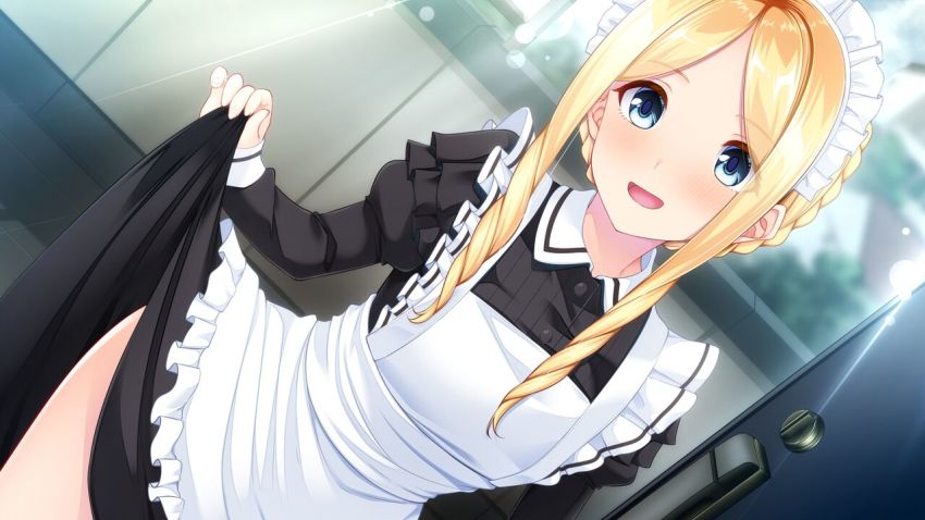 1girl :d agnes_avril apron black_shirt black_skirt blonde_hair blue_eyes clothes_lift collared_shirt day doorway dress_shirt drill_hair dutch_angle game_cg go-1 lifting_own_clothes long_hair long_sleeves looking_at_viewer maid maid_headdress open_mouth otome_to_fureau_hitotsu_yane_no_shita outdoors parted_bangs shirt skirt skirt_lift smile solo standing sunlight twin_drills white_apron wing_collar