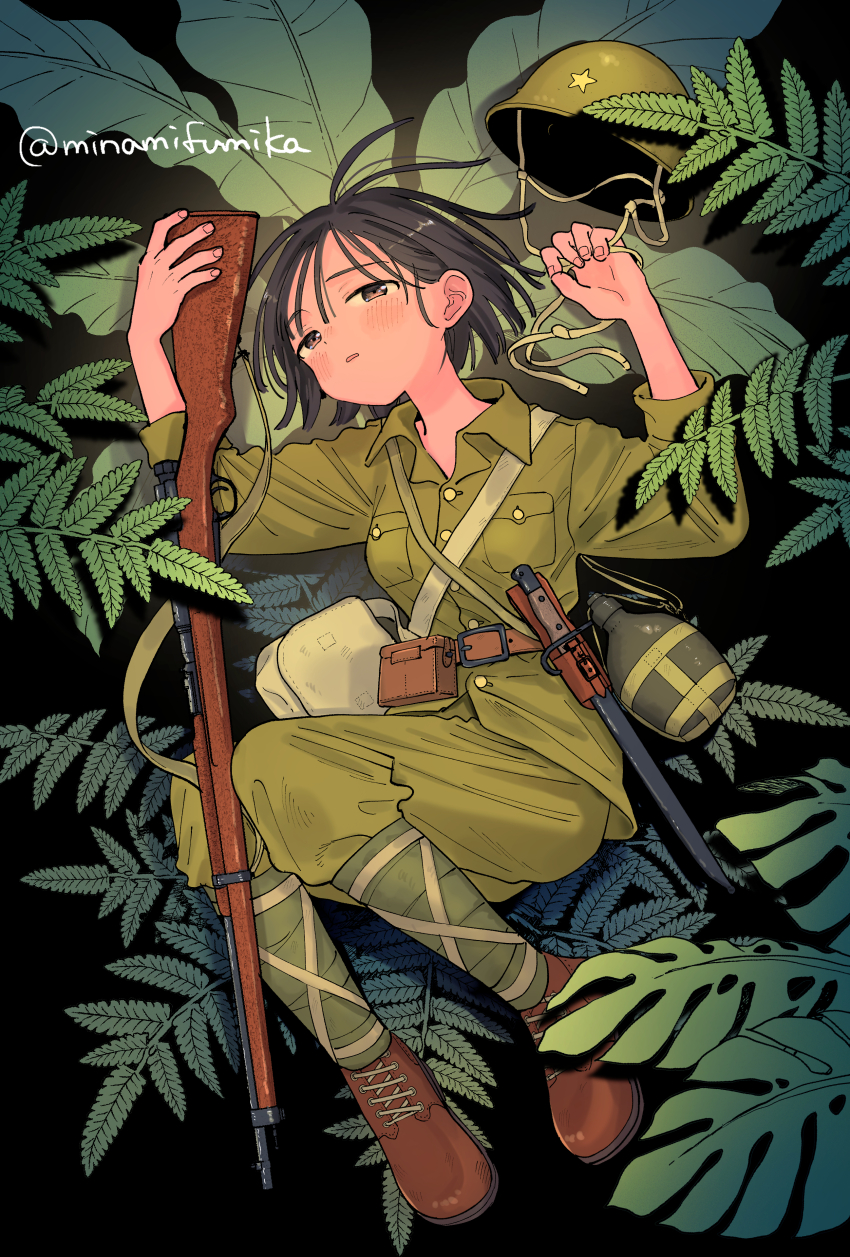 1girl absurdres arisaka black_hair bolt_action canteen foliage green_jacket green_pants gun highres imperial_japanese_army jacket jungle looking_at_viewer military military_uniform miyama_(kannsannn) nature original pants rifle solo unworn_headwear weapon