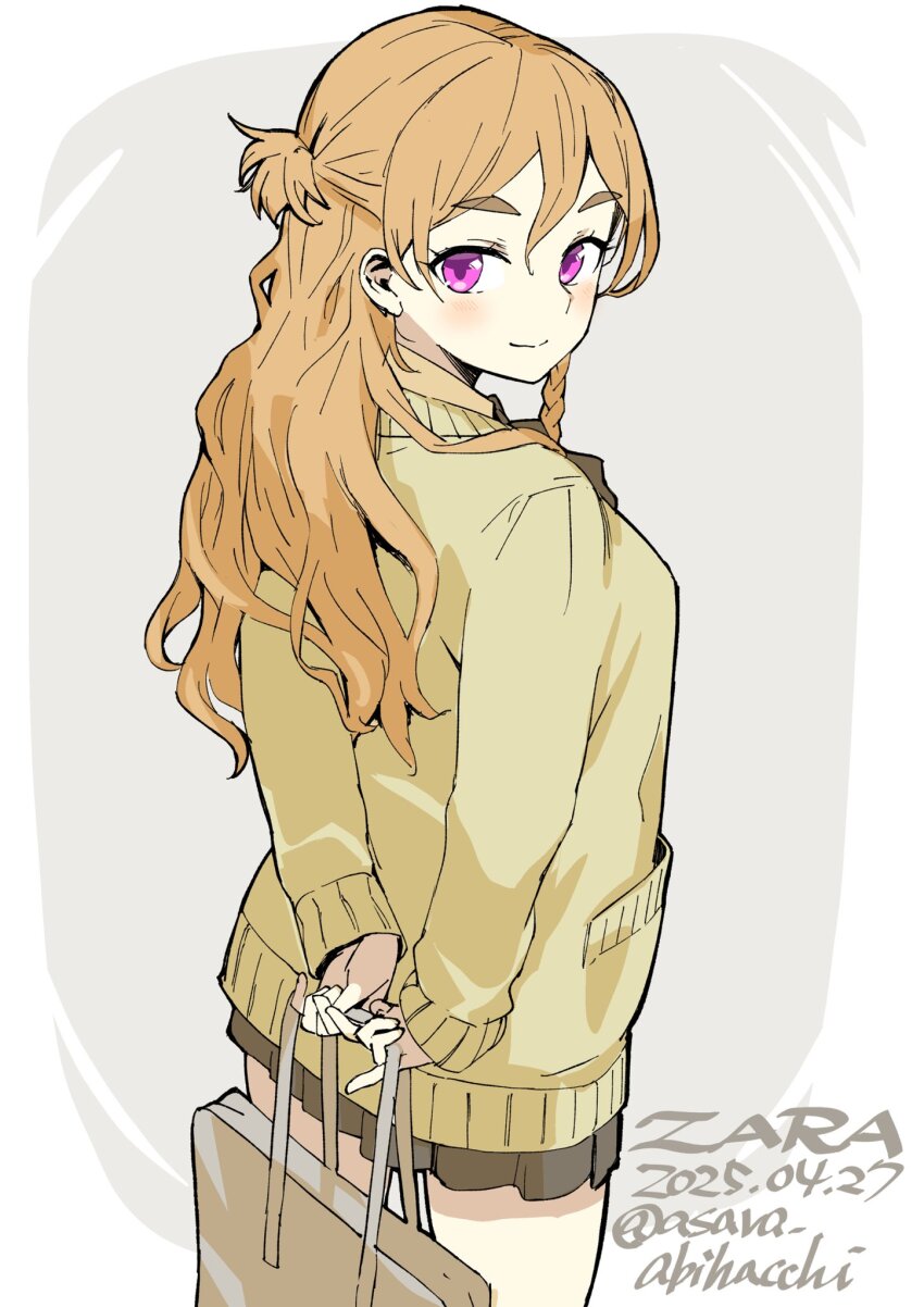 1girl alternate_costume asava_(hutaitenn) bag blonde_hair brown_skirt brown_sweater character_name from_behind grey_background hair_between_eyes half_updo highres kantai_collection long_hair looking_at_viewer looking_back one-hour_drawing_challenge purple_eyes shopping_bag skirt solo sweater thick_eyebrows twitter_username two-tone_background zara_(kancolle)