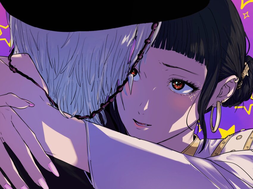 1boy 1girl amikoiiko black_hair blush brown_eyes couple ear_piercing earrings from_behind gat_(hat) hair_bun hashtag-only_commentary hat head_hug height_difference highres hoop_earrings jewelry kpop_demon_hunters long_hair long_sleeves looking_at_another looking_up medium_hair multiple_piercings mystery_(kpop_demon_hunter) piercing pink_lips pink_nails portrait purple_background short_bangs sidelocks star_(symbol) star_symbol_background very_long_fingernails white_hair yellow_background zoey_(kpop_demon_hunters)