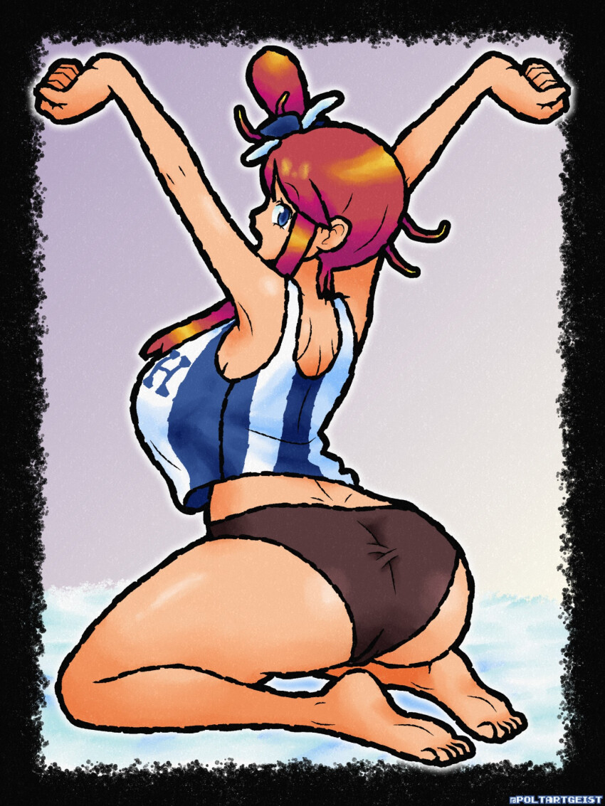 1girl ass bare_shoulders blue_eyes breasts creatures_(company) crop_top from_behind game_freak highres huge_ass large_breasts long_hair nintendo panties pokemon pokemon_bw poltartgeist red_hair skyla_(pokemon) sleeveless underwear