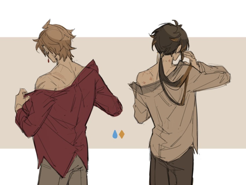 2boys adjusting_clothes akabane_yu from_behind genshin_impact hickeys hickeys_on_neck multiple_boys tartaglia_(genshin_impact) yaoi zhongli_(genshin_impact)