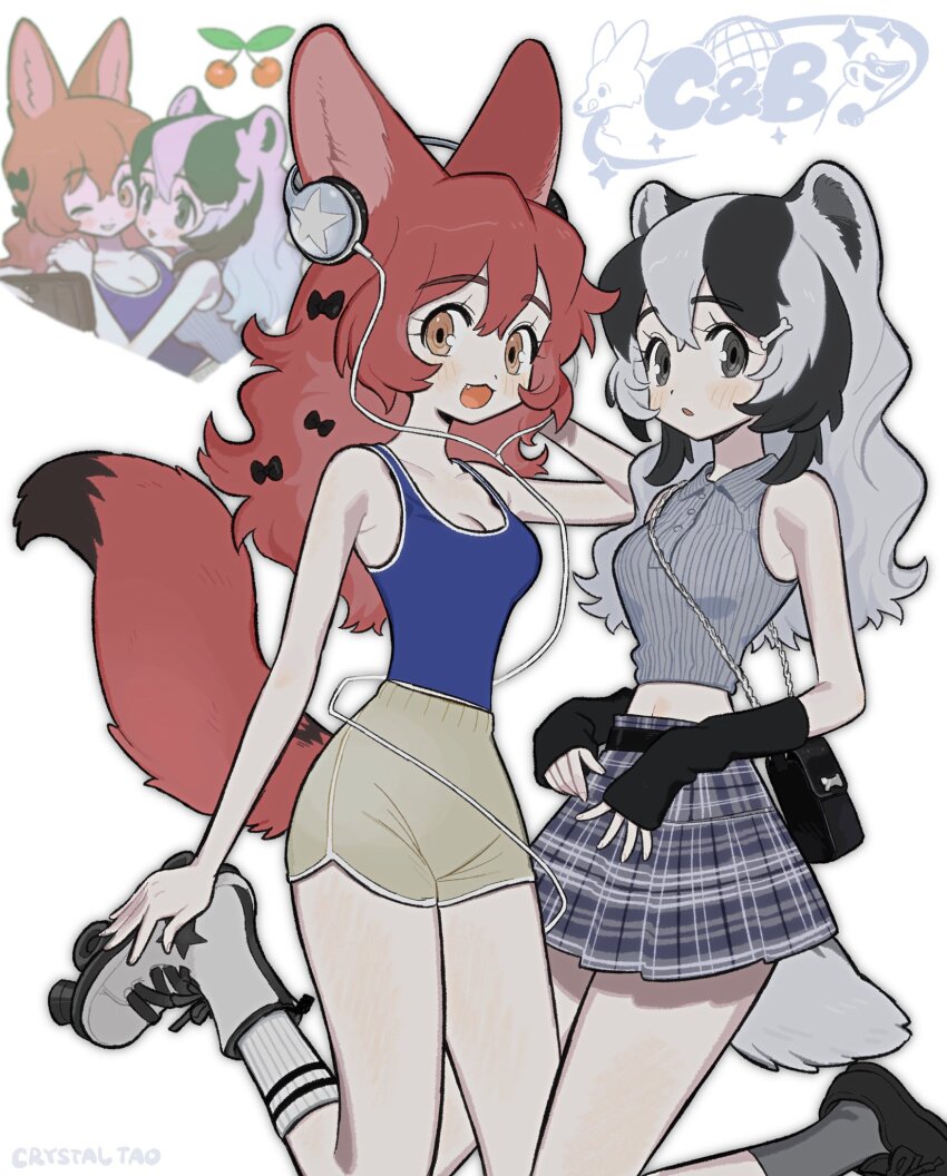 2girls animal_ears arm_warmers badger_ears badger_girl badger_tail bag black_hair blue_tank_top bow brown_eyes commentary crop_top dolphin_shorts fang fox_ears fox_girl fox_tail grey_hair grey_shirt hair_bow headphones highres long_hair looking_at_viewer multicolored_hair multiple_girls multiple_hair_bows muted_color original red_hair roller_skates shirt shorts shoulder_bag skates skirt streaked_hair symbol-only_commentary tail tank_top taonoinu white_background