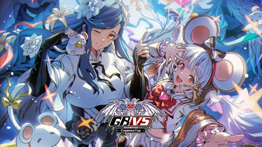 2girls angel_wings animal_ears arc_system_works balloon black_bow black_dress black_flower black_gloves blue_hair bow braid braided_ponytail breasts brooch cheese company_connection copyright_name crop_top crossover cygames dizzy_(guilty_gear) dress elbow_gloves english_text fake_animal_ears fingerless_gloves flower food gloves granblue_fantasy granblue_fantasy_versus granblue_fantasy_versus:_rising grey_hair guilty_gear guilty_gear_strive hair_flower hair_ornament heart heart_brooch holding holding_balloon jewelry large_breasts looking_at_viewer midriff mouse_(animal) mouse_ears multiple_girls necro_(guilty_gear) official_art one_eye_closed open_mouth parted_lips petting queen_dizzy reaching reaching_towards_viewer red_bow red_eyes ribbon shirt short_hair skirt smile squirrel swept_bangs tail tail_ornament tail_ribbon undine_(guilty_gear) vikala_(granblue_fantasy) white_flower white_shirt wings yellow_flower
