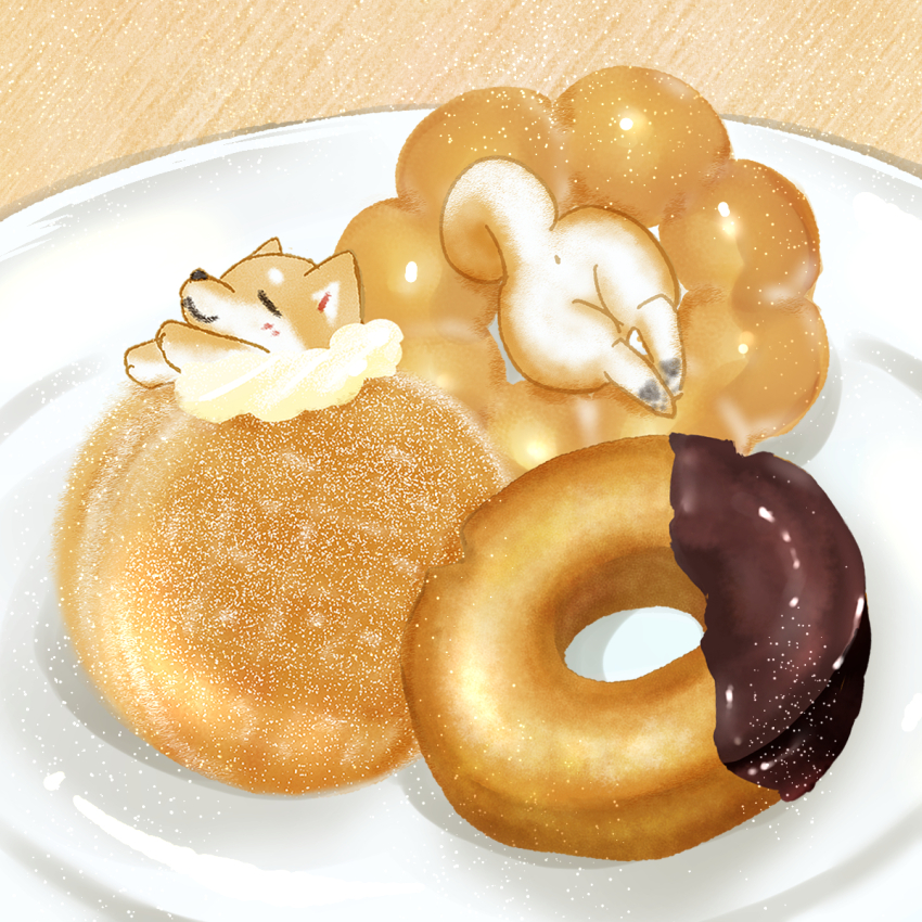 animal choco_fashion chocolate donut food food_focus highres no_humans old-fashioned_donut original plate pon_de_ring shiba48 shiba_inu granulated_sugar tail undersized_animal