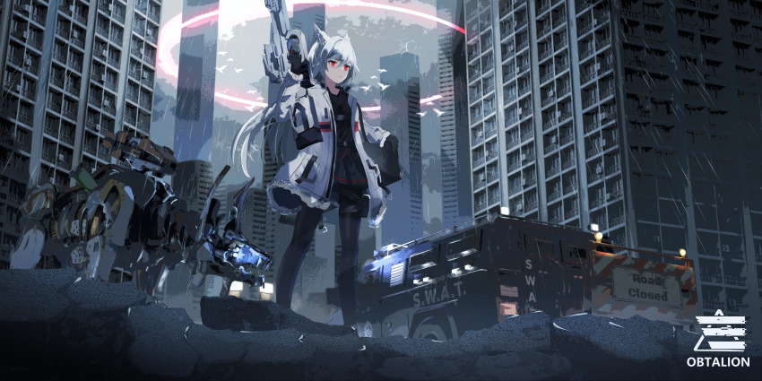 1girl absurdres animal_ear_fluff animal_ears armored_personnel_carrier armored_vehicle bag belt belt_pouch bird black_bag black_belt black_gloves black_pantyhose black_shirt black_skirt building c4t_(c4t004) car check_weapon city cityscape closed_mouth coat collared_shirt fur-trimmed_coat fur_trim gloves glowing glowing_eyes gun highres holding holding_gun holding_weapon long_hair long_sleeves motor_vehicle non-humanoid_robot open_clothes open_coat original outdoors pantyhose police_vehicle pouch rain red_eyes rifle roadblock robot robot_animal robot_dog s.w.a.t. shirt shoulder_bag skirt skyscraper sniper_rifle solo standing thigh_pouch weapon weapon_request white_coat white_hair wolf_ears