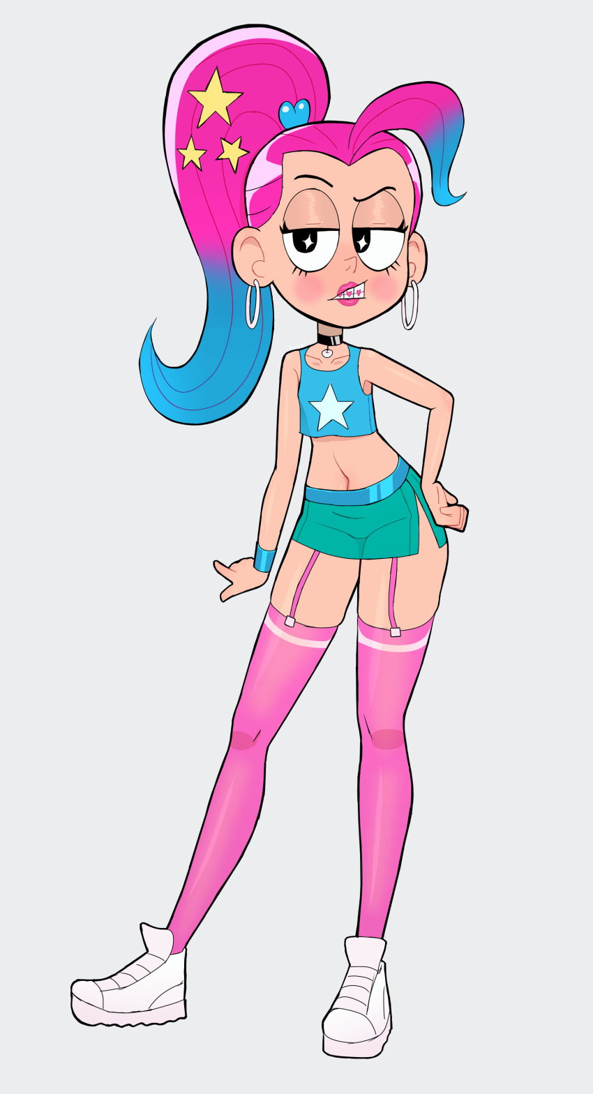 1girl absurdres ahoge annoyed black_eyes blue_hair blue_shirt blush braces choker clenched_teeth collarbone crop_top earrings flat_chest garter_straps green_skirt grey_background hair_ornament hand_on_own_hip heart heart_hair_ornament highres hoop_earrings jewelry long_hair looking_at_viewer midriff multicolored_hair navel pink_hair pink_lips pink_thighhighs ponytail print_shirt raised_eyebrow rukisan(pixiv) shirt shoes side_slit skirt sleeveless sleeveless_shirt standing star-shaped_pupils star_(symbol) star_hair_ornament star_print symbol-shaped_pupils teeth thick_thighs thighhighs thighs tweenkle two-tone_hair watch white_shoes wristwatch zokie_of_planet_ruby