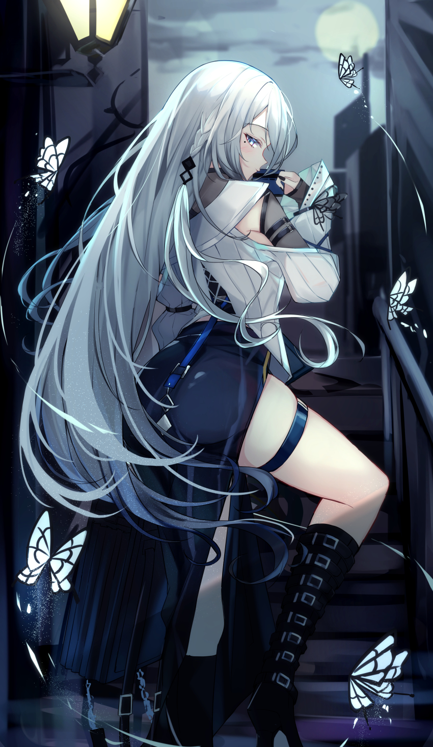 1girl absurdres black_boots black_dress black_hair boots braid bug butterfly cloud commentary dress foot_out_of_frame from_behind full_moon gradient_hair grey_eyes grey_hair grey_jacket haidollo hand_up high_heel_boots high_heels highres insect jacket knee_boots light_particles long_hair looking_at_viewer looking_back mole mole_under_eye moon multicolored_hair night nijisanji off_shoulder side_slit solo sophia_valentine sophia_valentine_(1st_costume) thigh_strap virtual_youtuber white_butterfly