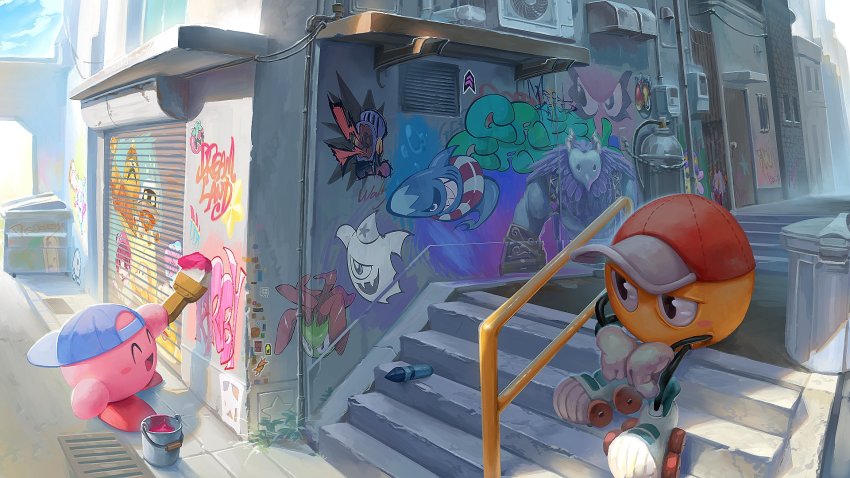 adeleine backwards_hat baseball_cap character_request chef_kawasaki como_(kirby) ghost glunk_(kirby) gobbler_(kirby) graffiti hat highres innertube jigumo_(6zzyag) kirby kirby:_planet_robobot kirby_star_allies kirby_(series) kirby_64 maxim_tomato nintendo paint_roller_(kirby) shark sitting stairs susie_(kirby) sweatdrop swim_ring taranza tedhaun trash_can void_termina waddle_dee walky wheelie_(kirby)