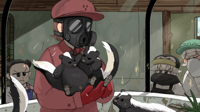 4girls absurdres bird black_hair black_overalls black_scarf closed_eyes commentary covering_own_mouth diva_(hyxpk) donut_stamp double_bun duck english_commentary gas_mask gloves grey_hair hair_bun hat highres jacket mask multiple_girls overalls penguin_hat penguin_keeper_(diva) red_gloves red_hair red_hat red_jacket red_overalls scarf seal_keeper_(diva) shirt short_hair skunk skunk_keeper_(diva) survey_girl_(diva) white_shirt zoo zookeeper zookeepers_(diva)