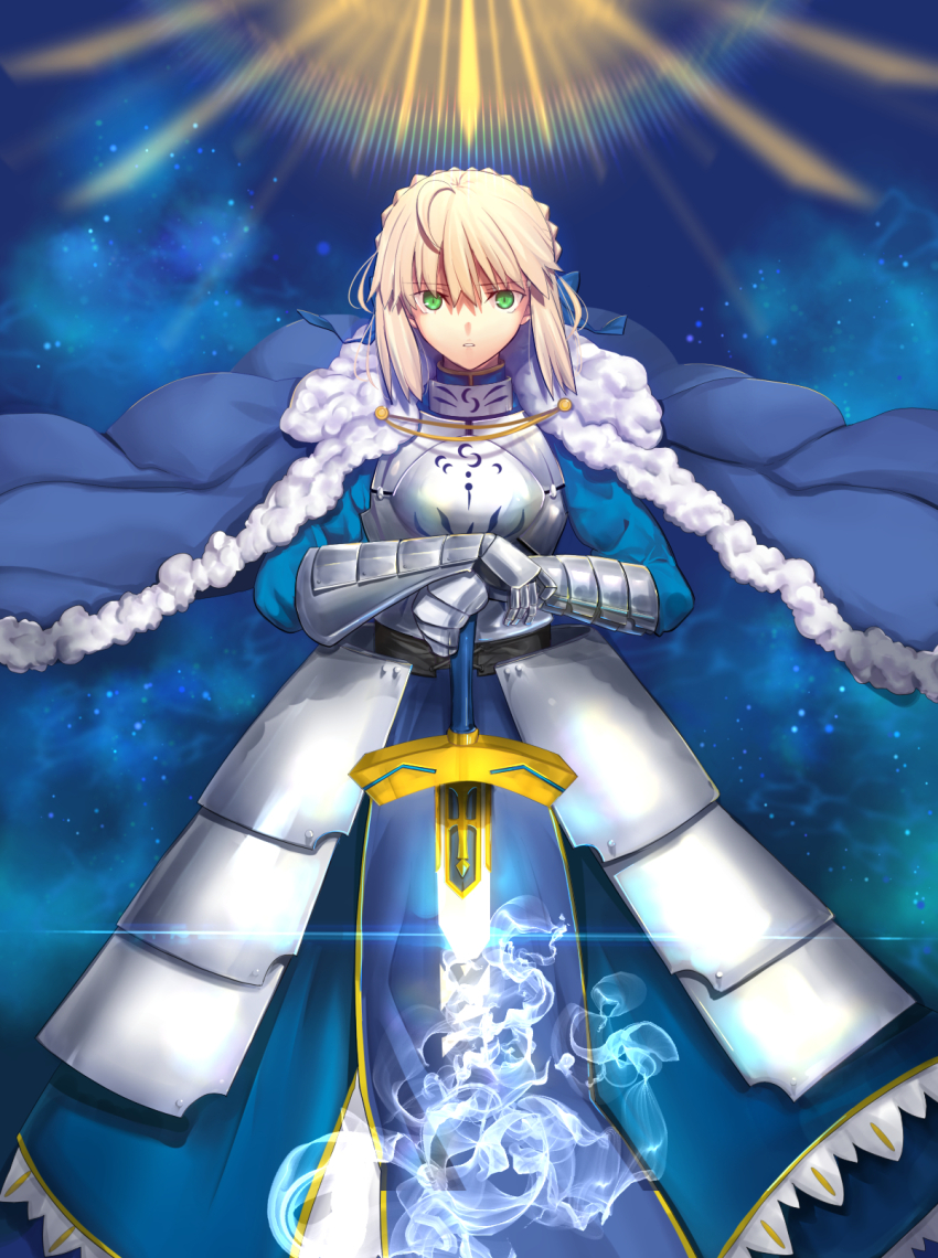 1girl ahoge armor armored_dress artoria_pendragon_(fate) blonde_hair blue_background blue_bow blue_cape blue_dress bow braid braided_bun breastplate breasts bun_with_braided_base cape dress excalibur_(fate/stay_night) fang fate/grand_order fate_(series) fur-trimmed_cape fur_trim gauntlets glowing glowing_sword glowing_weapon green_eyes hair_between_eyes hair_bun hair_ribbon hair_through_headwear hands_on_hilt highres holding holding_sword holding_weapon invisible_air_(fate) iro_(sekaixiro) long_sleeves looking_at_viewer medium_breasts ponytail ribbon saber_(fate) short_hair simple_background skin_fang solo sword type-moon weapon