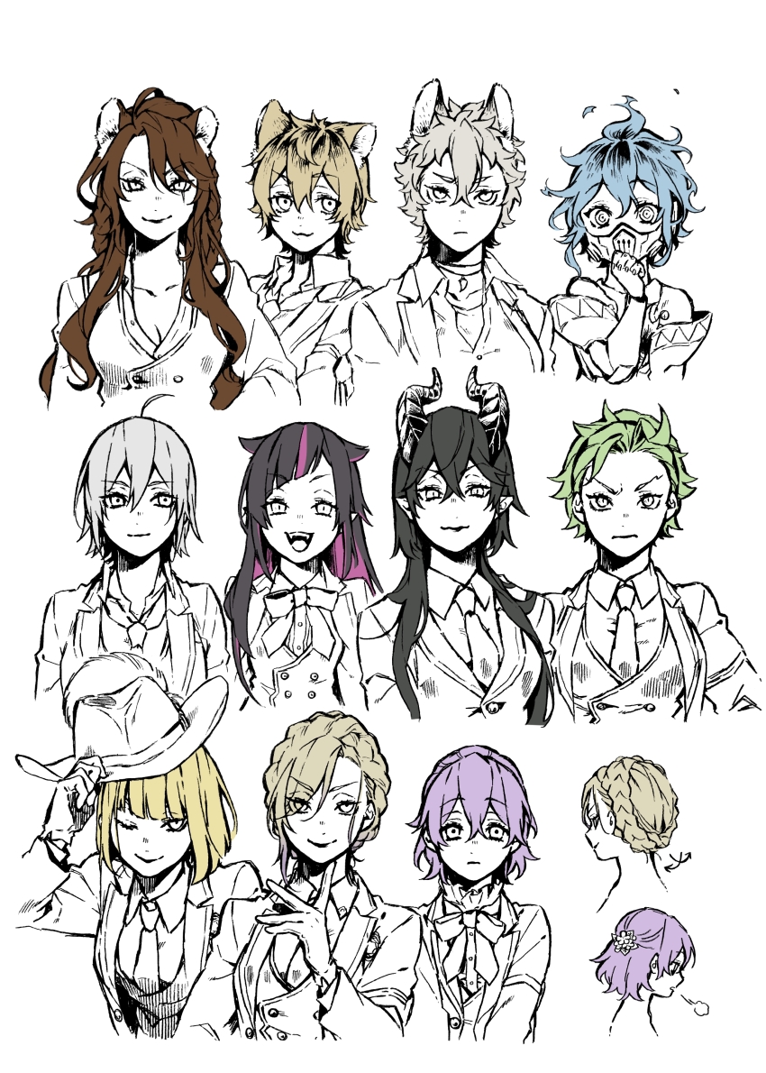 111521153115 6+girls :3 absurdres ahoge animal_ear_fluff animal_ears armband black_hair blazer blonde_hair blue_hair blunt_bangs braid breasts brown_hair cleavage collar collarbone collared_shirt cropped_shoulders crown_braid curtained_hair diagonal_bangs epel_felmier expressionless fangs finger_to_own_chin frilled_collar frills frown genderswap genderswap_(mtf) gloves green_hair hair_between_eyes hair_ornament hair_pulled_back hairpin hat hat_feather hat_tip headband highres horns jack_howl jacket jewelry layered_shirt leona_kingscholar light_frown light_smile lightning_ahoge lilia_vanrouge long_hair looking_at_viewer loose_necktie malleus_draconia multicolored_hair multiple_girls multiple_views neck_ribbon necklace necktie night_raven_college_uniform ortho_shroud parted_bangs partially_unbuttoned pointy_ears puff_of_air purple_hair raised_eyebrows ribbon rook_hunt ruggie_bucchi sebek_zigvolt shirt short_hair side_braids silver_vanrouge simple_background smile smirk spot_color streaked_hair tooth_necklace twisted_wonderland v-shaped_eyebrows very_short_hair vest vil_schoenheit waistcoat wavy_hair white_background white_hair