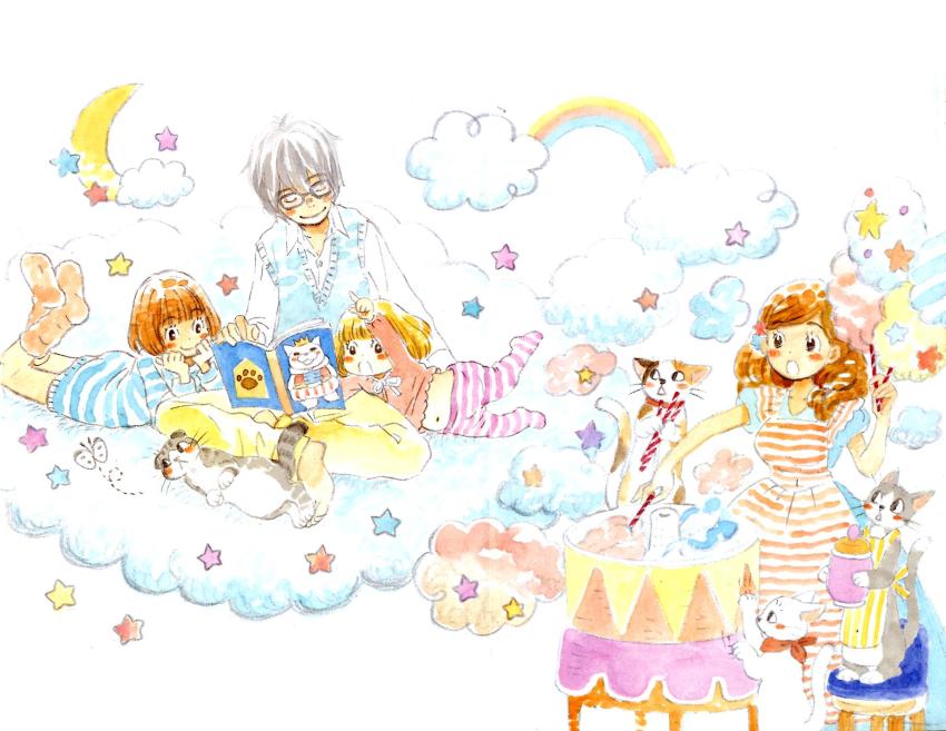 1boy 3girls animal apron arm_support belly black-framed_eyewear black_eyes black_hair blue_dress blue_sweater_vest blush_stickers bob_cut book book_on_lap brown_hair bug butterfly cat cloud collared_shirt colorful cotton_candy crescent_moon crossed_ankles dot_nose dress dress_shirt eyelashes feet_up food glasses hair_down hair_ornament hand_up head_rest highres holding holding_cotton_candy holding_food index_finger_raised indian_style insect jar kawamoto_akari kawamoto_hinata kawamoto_momo kiriyama_rei looking_at_another looking_to_the_side lying moon multiple_girls navel no_shoes on_stomach open_book open_mouth orange_legwear pajamas pants pantyhose pastel_colors rainbow sangatsu_no_lion shirt shogi_piece short_sleeves siblings simple_background sisters sitting socks star_(symbol) star_hair_ornament stool striped_apron striped_clothes striped_legwear striped_pantyhose striped_sweater sweater sweater_vest sweets table tablecloth umino_chika white_background white_shirt yellow_pants
