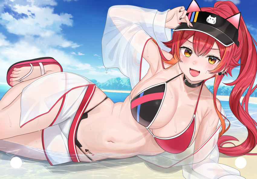 1girl bikini black_bikini black_nails blush breasts cat_ear_bikini collar commentary_request feet fish_skeleton_print foot_out_of_frame hair_between_eyes hand_on_headwear hat hat_with_ears highres jacket jewelry large_breasts long_hair looking_at_viewer lying multicolored_bikini multicolored_hair nail_polish navel nekota_tsuna nekota_tsuna_(summer_c102) ocean on_side orange_eyes orange_hair pink_bikini red_hair sandals see-through_clothes see-through_jacket shorts smile solo spiked_ear_piercing streaked_hair swimsuit toenail_polish toenails toes tojo_aoi virtual_youtuber vspo! wet