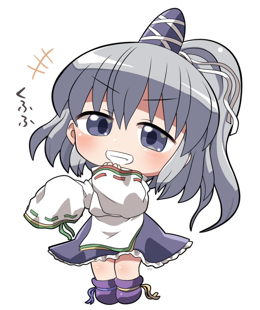 +++ 1girl :d blue_eyes blue_hat blush boots chibi chibi_only commentary_request frilled_skirt frills full_body grey_hair grin hand_up hat hat_ribbon highres long_hair long_sleeves looking_at_viewer mononobe_no_futo open_mouth ponytail purple_boots purple_skirt ribbon ribbon-trimmed_sleeves ribbon_trim rokugou_daisuke shirt signature simple_background skirt sleeves_past_wrists smile solo standing tate_eboshi touhou white_background white_ribbon white_shirt wide_sleeves