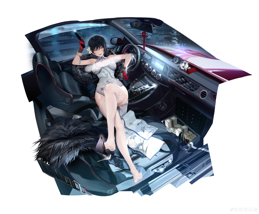 1girl absurdres barefoot black_hair car car_seat china_dress chinese_clothes convenient_censoring dashboard dress finger_on_trigger full_body girls&#039;_frontline girls&#039;_frontline_neural_cloud gloves gun high_heels highres holding holding_gun holding_weapon laowei_shi_tu looking_at_viewer lying money motor_vehicle official_alternate_costume official_art on_back purple_eyes rear-view_mirror red_gloves short_hair solo steam steam_censor steering_wheel tongue tongue_out weapon weibo_username xinghuan_(flash_in_the_night)_(neural_cloud) xinghuan_(neural_cloud)