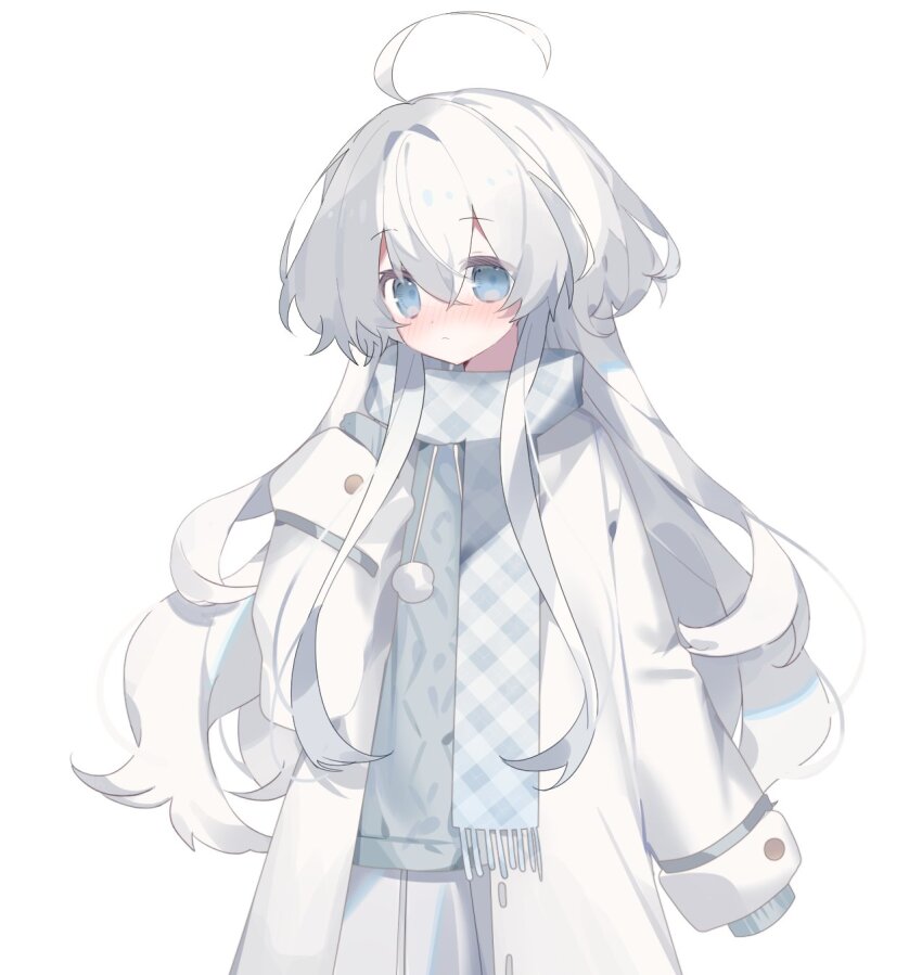 1girl asphyxia17 blue_eyes blush closed_mouth coat hair_between_eyes highres long_hair long_sleeves looking_at_viewer original plaid_clothes plaid_scarf scarf simple_background sleeves_past_wrists solo white_background white_coat white_hair
