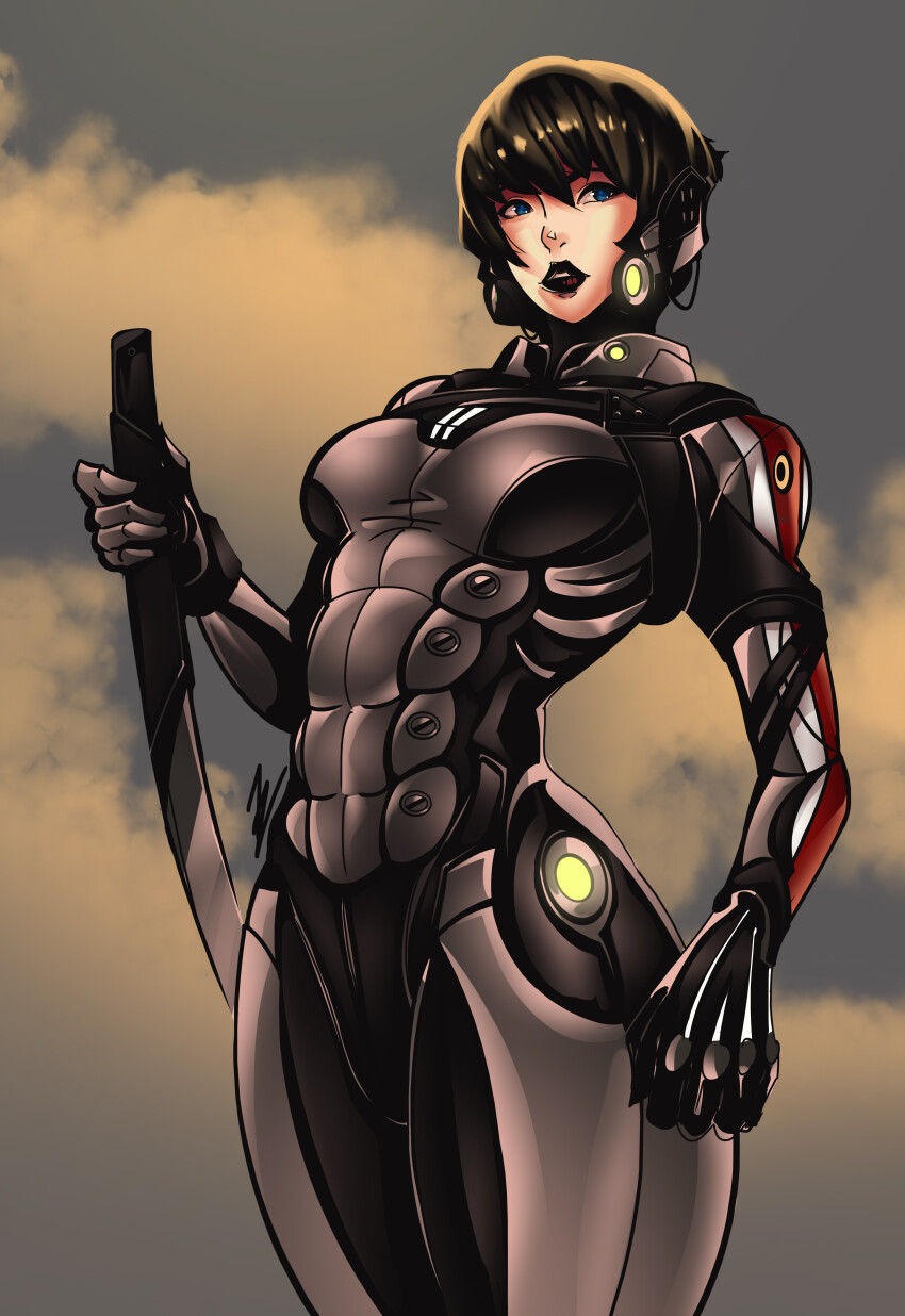 1girl 7zaki absurdres armor black_gloves black_hair black_lips blue_eyes breasts clenched_hand cloud gloves highres holding holding_sword holding_weapon looking_to_the_side mass_effect_(series) mass_effect_3 medium_breasts n7_shadow_infiltrator parted_lips power_armor short_hair sky solo sword weapon western_comics_(style)