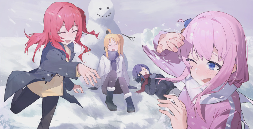 4girls absurdres ahoge black_coat black_footwear black_gloves black_jacket black_pants blonde_hair blue_eyes blue_hair blush bocchi_the_rock! boots closed_eyes coat commentary_request cube_hair_ornament facing_another facing_viewer fur-trimmed_boots fur_trim gloves gotoh_hitori hair_ornament highres ijichi_nijika jacket kessoku_band kita_ikuyo knees_up leg_up long_hair long_sleeves looking_at_another lying multiple_girls on_back one_eye_closed one_side_up open_clothes open_coat open_mouth outdoors pants pink_hair pink_jacket red_hair red_scarf riok_hh scarf sidelocks sitting smile snow snowball snowball_fight snowman throwing track_jacket winter yamada_ryo yellow_eyes