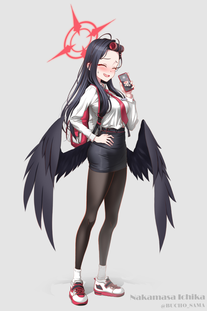 1girl :d ^_^ absurdres backpack bag black_hair black_pantyhose black_wings blue_archive blush breasts bucho_sama cellphone closed_eyes commentary feathered_wings forehead full_body halo hand_on_own_hip highres holding holding_phone ichika_(blue_archive) large_variant_set long_hair medium_breasts mixed-language_commentary necktie open_mouth pantyhose pencil_skirt phone school_uniform shoes simple_background skirt smartphone smile sneakers socks socks_over_pantyhose solo sweatdrop variant_set white_socks wings