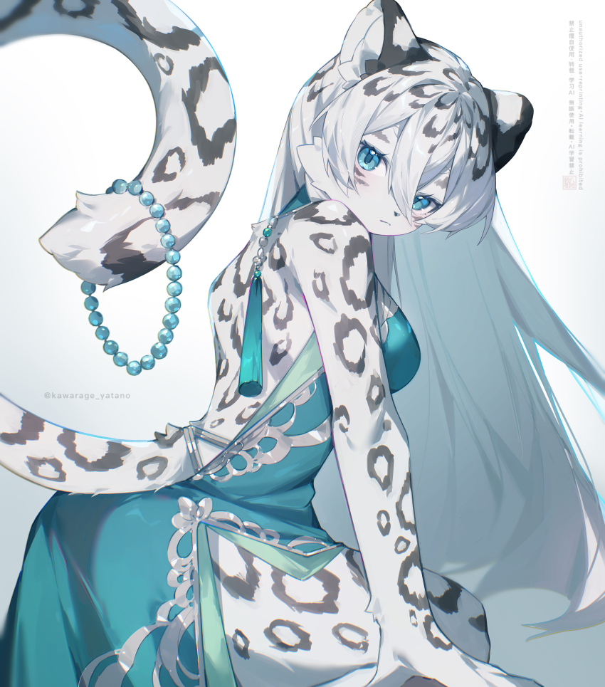 1girl absurdres animal_ear_fluff animal_ears blue_dress blue_eyes body_fur cowboy_shot dress furry furry_female hair_between_eyes highres holding holding_with_tail jewelry kawarage_yatano long_hair looking_at_viewer neck_tassel necklace original pearl_necklace prehensile_tail side_slit snow_leopard_ears snow_leopard_girl snow_leopard_tail spots spotted_hair tail tail_raised tie-back_dress twitter_username watermark white_background white_fur white_hair