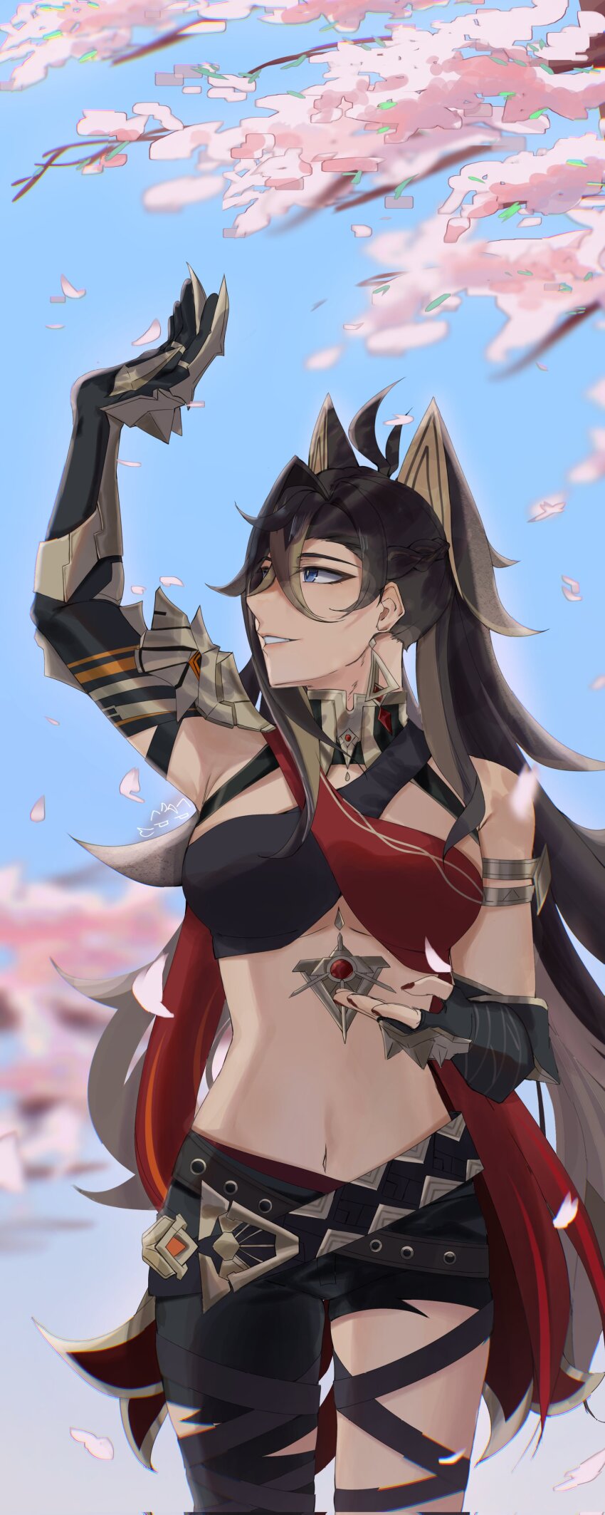 1girl 4reiji absurdres antenna_hair arm_armor arm_up bandeau bare_shoulders belt black_bandeau black_belt black_gloves black_hair black_shorts blonde_hair blonde_streaks blue_eyes blue_sky blurry blurry_background blurry_foreground braid breasts cherry_blossoms commentary cowboy_shot crossed_bangs crossed_belts dark-skinned_female dark_skin dehya_(genshin_impact) earrings elbow_gloves english_commentary falling_petals fingerless_gloves gem genshin_impact gloves gold_trim hair_between_eyes hair_ears highres jewelry long_hair looking_to_the_side medium_breasts multiple_thigh_straps navel parted_lips petals pink_petals red_bandeau red_gemstone shorts signature single_earring single_fingerless_glove sky slit_pupils smile solo stomach teeth torn_clothes torn_shorts triangle_earrings two-tone_bandeau usekh_collar very_long_hair yellow_pupils