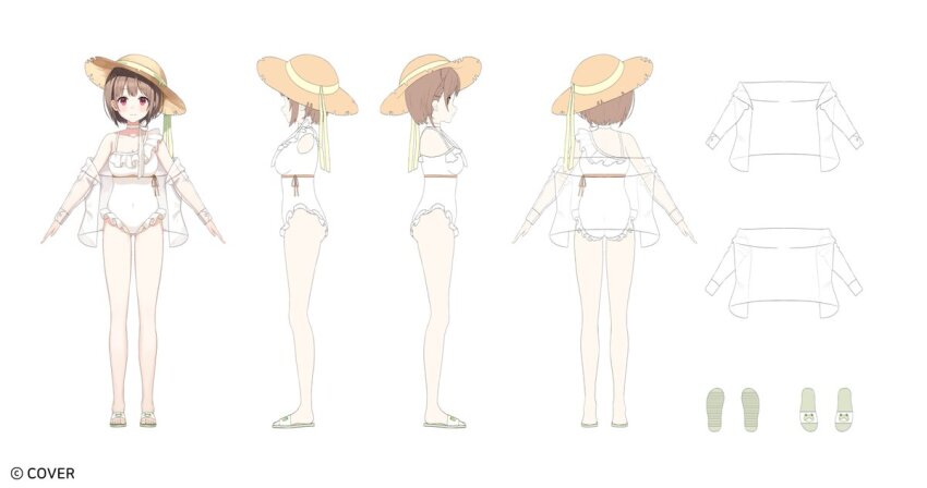 1girl bare_legs bare_shoulders blush breasts brown_hair casual_one-piece_swimsuit choker downscaled frilled_one-piece_swimsuit frills full_body harusaki_nodoka harusaki_nodoka_(holonatsu_paradise) hat hat_ribbon hololive holonatsu_paradise looking_at_viewer multiple_views official_alternate_costume one-piece_swimsuit red_eyes reference_sheet resized ribbon sandals see-through_clothes short_hair simple_background smile standing straw_hat sun_hat swimsuit turnaround virtual_youtuber white_background white_one-piece_swimsuit