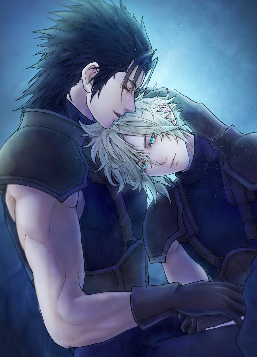 2boys absurdres aqua_eyes armor belt black_gloves black_hair blonde_hair blue_background blue_shirt brown_belt closed_eyes closed_mouth cloud_strife earrings final_fantasy final_fantasy_vii final_fantasy_vii_remake gloves hair_between_eyes hair_slicked_back half-closed_eyes hand_on_another&#039;s_head highres jewelry male_focus messa_mo multiple_boys parted_lips shirt shoulder_armor sideburns single_earring sleeveless sleeveless_turtleneck smile spiked_hair suspenders turtleneck upper_body yaoi zack_fair
