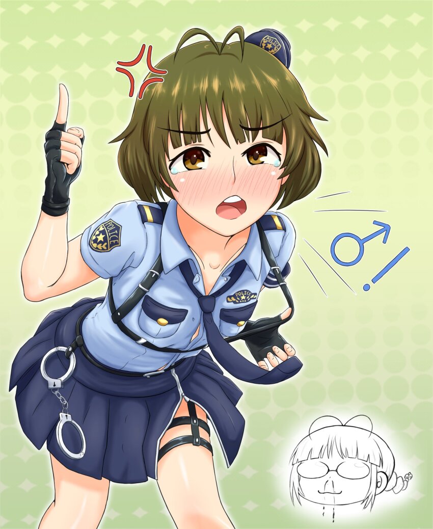 ! 1boy 1girl akizuki_ritsuko akizuki_ryo anger_vein antenna_hair black_gloves blood blue_shirt blue_skirt blush brown_eyes brown_hair collarbone cuffs fingerless_gloves gloves green_background handcuffs hat highres idolmaster idolmaster_(classic) idolmaster_dearly_stars leaning_forward looking_at_viewer male_focus mars_symbol necktie nii_niip nosebleed open_mouth pleated_skirt pointing pointing_up police police_hat police_uniform shirt short_hair short_sleeves skirt solo_focus tears teeth trap upper_teeth_only
