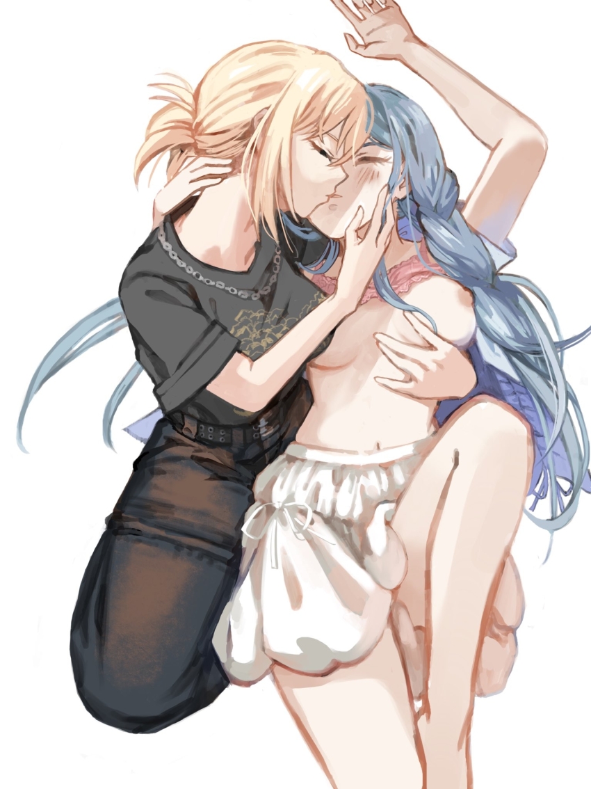 2girls bang_dream! bang_dream!_it&#039;s_mygo!!!!! barefoot belt blonde_hair blue_hair bra bra_lift breasts caressing_cheek chain chain_necklace closed_eyes commentary_request highres jewelry kiss light_blush long_hair medium_breasts medium_hair misumi_uika multiple_girls navel necklace nichiju_(you) nipples pants shirt simple_background skirt t-shirt togawa_sakiko underwear white_background yuri