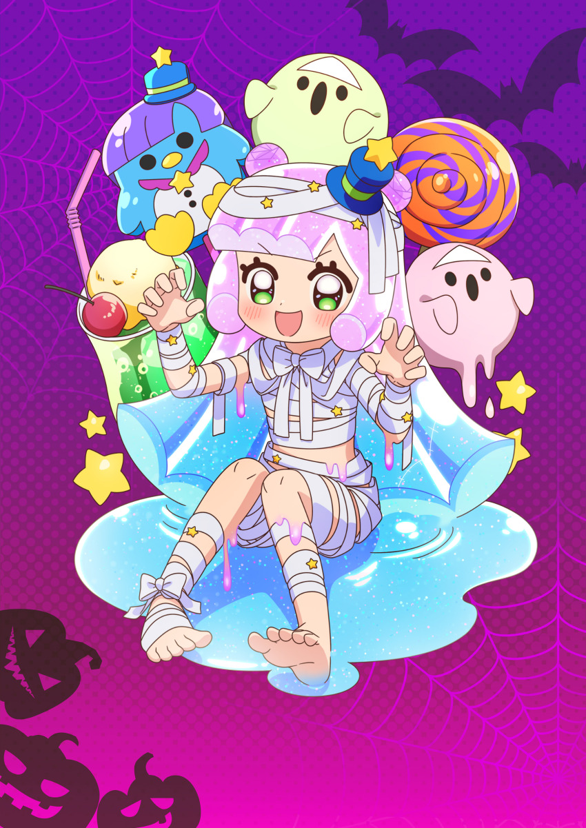 1girl barefoot blush candy claw_pose cocktail flat_chest food ghost green_eyes halloween_costume hat highres ice_cream ice_cream_float looking_at_viewer mini_hat mini_top_hat monster_girl mummy_costume official_art open_mouth puniru_(puniru_wa_kawaii_slime) puniru_wa_kawaii_slime purple_hair silk slime_(substance) slime_girl smile solo spider_web star_(symbol) toes top_hat