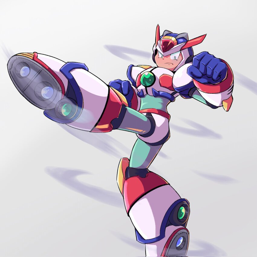 1boy absurdres armor blue_helmet chest_jewel forehead_jewel green_eyes helmet highres kicking male_focus mega_man_(series) mega_man_x_(series) shoulder_armor simple_background solo spinning surrealmason tatsumaki_senpuukyaku third_armor_x_(mega_man) white_armor white_background white_footwear x_(mega_man)