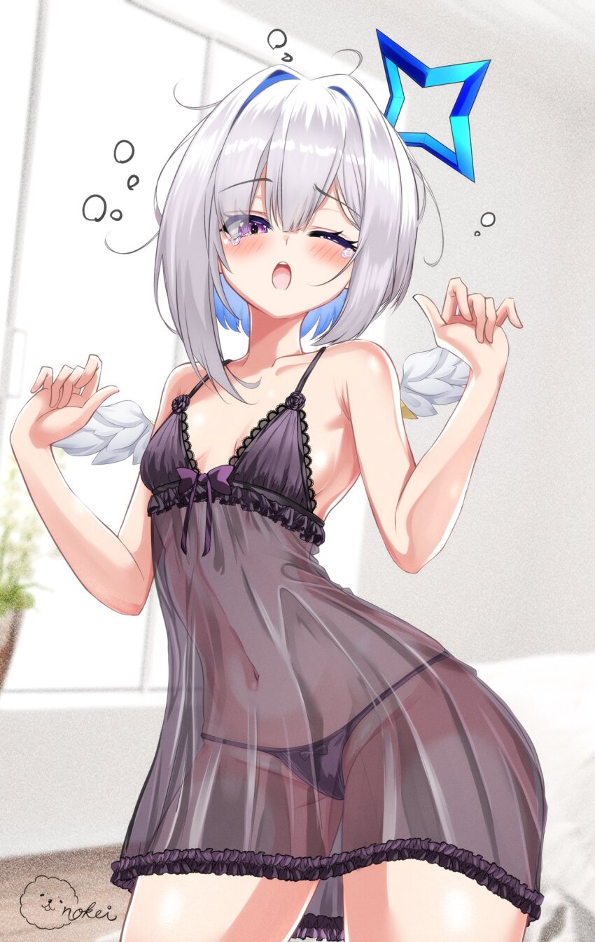 1girl amane_kanata angel_wings bare_shoulders black_nightgown black_panties blue_hair blush breasts colored_inner_hair feathered_wings grey_hair halo highres hololive indoors inokeiwd lingerie looking_at_viewer medium_hair mini_wings multicolored_hair navel nightgown one_eye_closed panties purple_eyes see-through_clothes sleepwear small_breasts solo star_halo underwear wings yawning