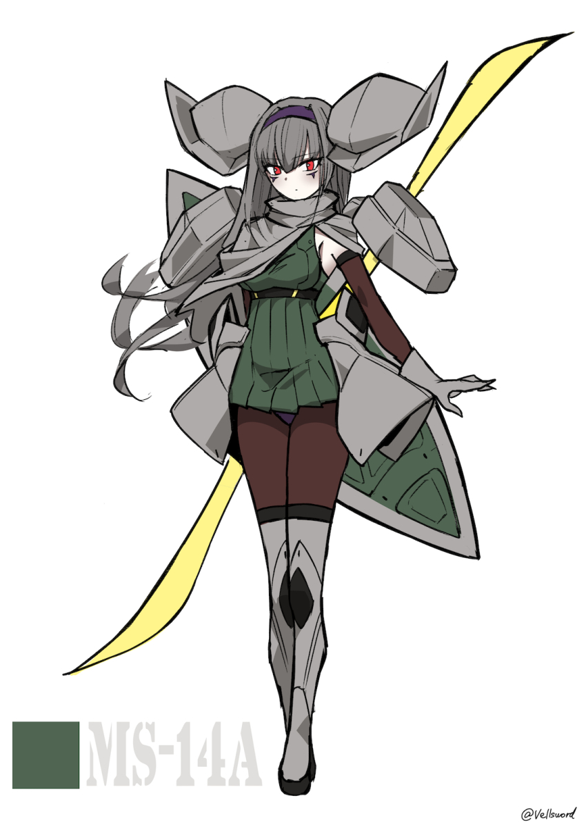 1girl artist_name blush breasts double_blade expressionless gelgoog gloves grey_gloves grey_hair gundam hairband head_tilt highres holding holding_sword holding_weapon i.takashi looking_at_viewer mecha_musume medium_breasts mobile_suit_gundam open_hand personification purple_hairband red_eyes solo sword weapon white_background