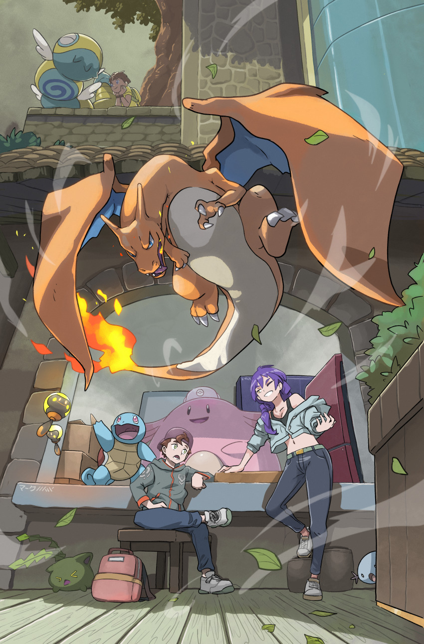 1girl 2boys absurdres arm_support backwards_hat baseball_cap black_pants black_shirt brown_hair building chansey charizard child crop_top cropped_shirt crossed_legs dudunsparce dudunsparce_(three-segment) eye_contact falling_leaves fire gen_1_pokemon gen_2_pokemon green_eyes grey_footwear grey_hoodie hat head_rest highres hood hood_down hoodie hoppip leaf long_hair long_sleeves looking_at_another mark331 midriff multiple_boys navel nintendo off_shoulder on_stool one_eye_closed open_clothes open_mouth outdoors pants pokemon pokemon_(creature) purple_hair purple_hat shirt shoes short_hair sitting smile sneakers squirtle standing stone_wall stool tadbulb tree wind wooden_floor wooden_stool wooper yellow_eyes