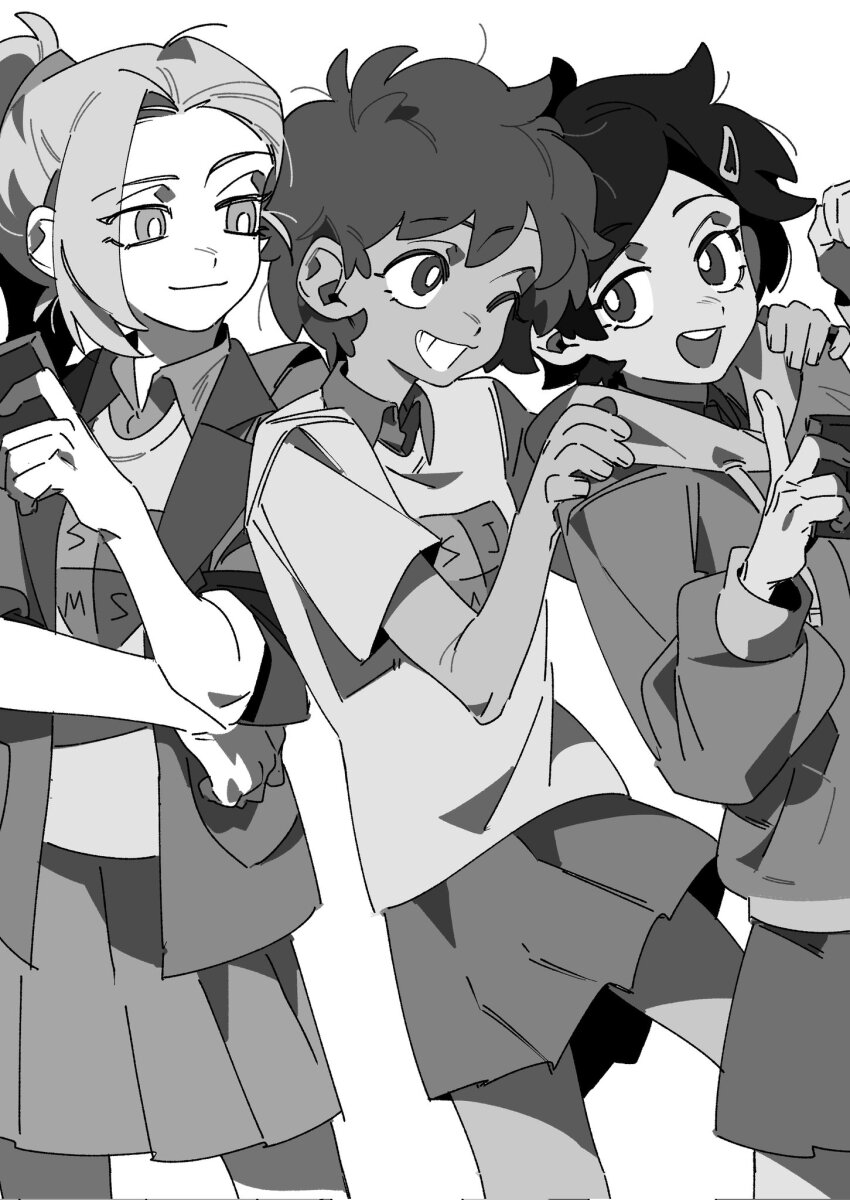 3girls amphibia anne_boonchuy asymmetrical_bangs black_hair blonde_hair bright_pupils brown_hair closed_mouth greyscale hair_ornament hairclip hands_on_another&#039;s_shoulders happy highres holding holding_phone hood hoodie jacket looking_at_another marcy_wu molu_stranger monochrome multiple_girls one_eye_closed open_mouth parted_lips phone pleated_skirt ponytail sasha_waybright school_uniform short_hair sjms_school_uniform skirt smile standing teeth white_background white_pupils