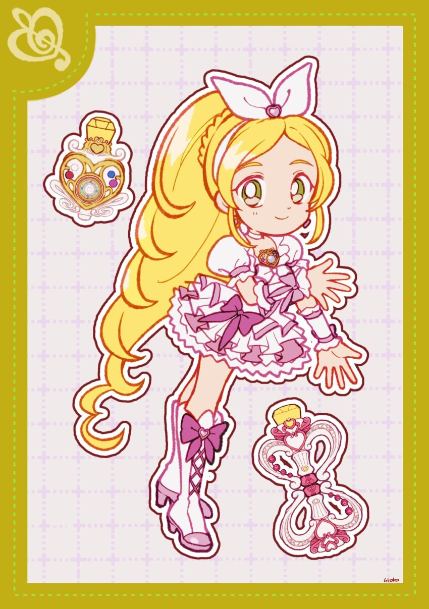 1girl blonde_hair boots border bow bow_hairband bowtie braid bright_pupils brooch choker closed_mouth crown_braid cure_rhythm deformed dot_nose dotted_line dress dress_bow earrings eyelashes frilled_dress frilled_sleeves frilled_wrist_cuffs frills full_body green_eyes grey_background grid_background hairband heart heart_brooch heart_earrings high_heel_boots high_heels highres jewelry knee_boots lace-up_boots long_hair looking_at_viewer magical_girl minamino_kanade outline pink_bow pleated_dress precure puffy_short_sleeves puffy_sleeves purple_bow short_dress short_sleeves signature smile solo square_neckline standing suite_precure tareme uwded_207 very_long_hair wand wavy_hair white_boots white_bow white_bowtie white_choker white_dress white_hairband white_outline white_pupils white_wrist_cuffs wrist_bow wrist_cuffs yellow_border