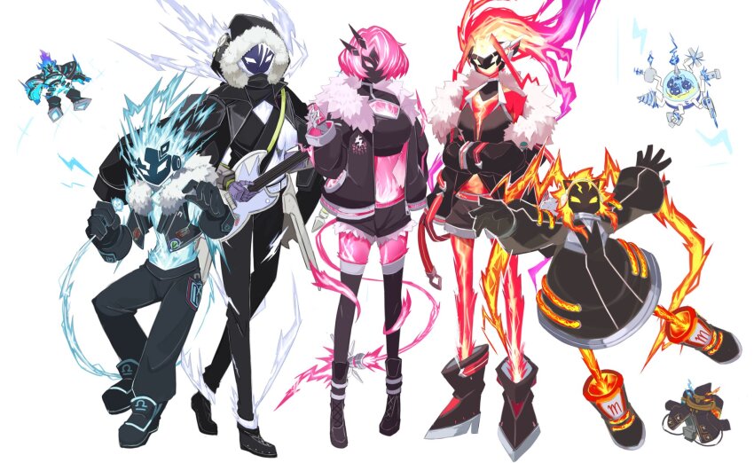 2boys 2girls 4others boots cleavage_cutout clothing_cutout fiery_hair fur-trimmed_jacket fur_trim gigantic_spright gloves guitar highres holding holding_microphone instrument jacket jacket_on_shoulders long_hair long_sleeves male_focus microphone midriff multiple_boys multiple_girls multiple_others music open_clothes open_jacket pants playing_instrument sakuragi_raia shoes short_hair short_shorts shorts simple_background sleeveless sleeveless_jacket spright_blue spright_carrot spright_jet spright_pixies spright_red spright_sprind thighhighs white_background yu-gi-oh!