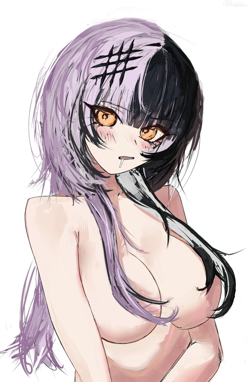 1girl black_hair breasts commentary drooling hair_over_breasts highres hololive hololive_english kozimo123456 large_breasts long_hair multicolored_hair nude purple_hair saliva shiori_novella simple_background solo split-color_hair suggestive_fluid two-tone_hair virtual_youtuber white_background