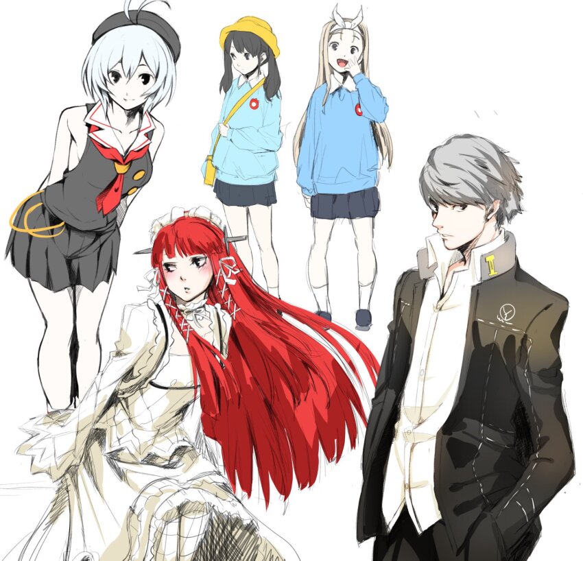 1boy 4girls character_request crossover dress grey_hair highres jacket kindergarten_uniform long_hair looking_at_viewer multiple_girls nakano_maru narukami_yu open_mouth persona persona_3 persona_4 red_hair school_uniform short_hair simple_background skirt smile white_background white_dress yasogami_school_uniform yoshino_chidori